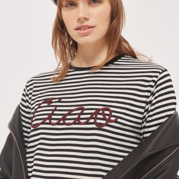 Topshop Tops - Topshop "Ciao" Embroidered Striped Top; 4